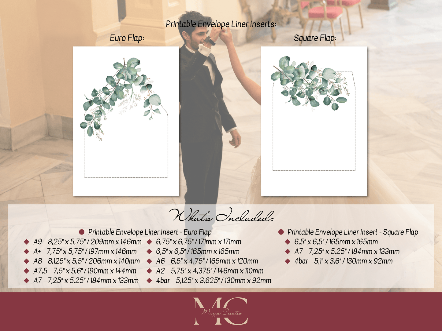 Eucalyptus Wedding Envelope Liners Templates, Printable Templates