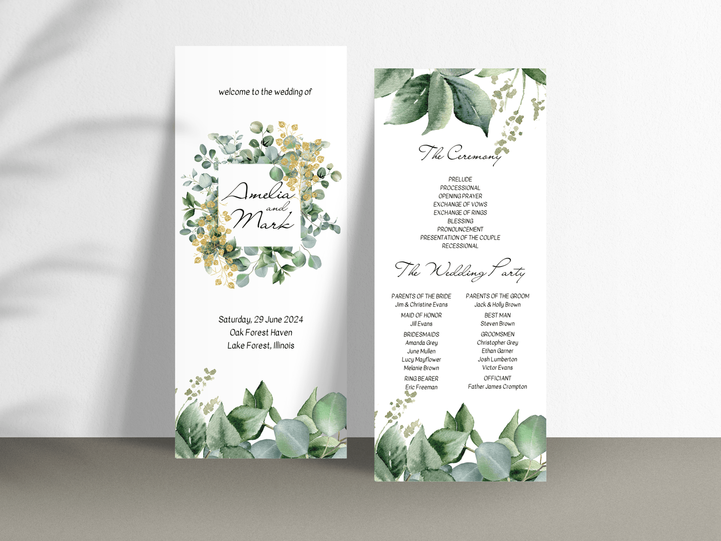 Eucalyptus & Gold Wedding Program Templates, Printable Templates