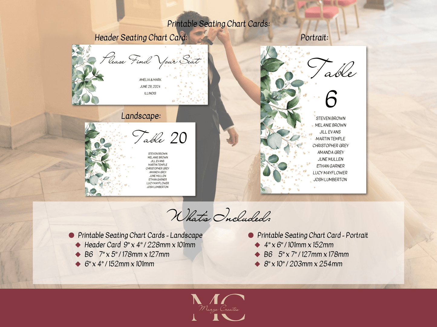 Eucalyptus & Gold Wedding Seating Chart Card Templates, Printable Templates