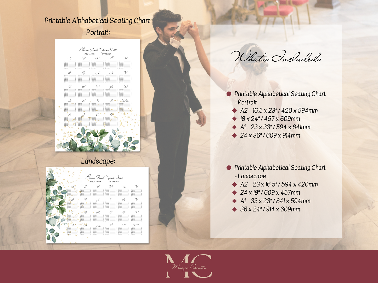 Eucalyptus & Gold Wedding Alphabetical Seating Chart Templates, Printable Templates