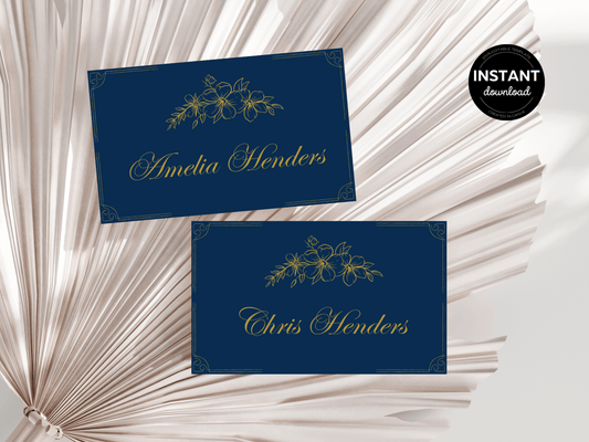 Elegant Blue and Gold Wedding Seating Card Template, Design 2, Printable Templates