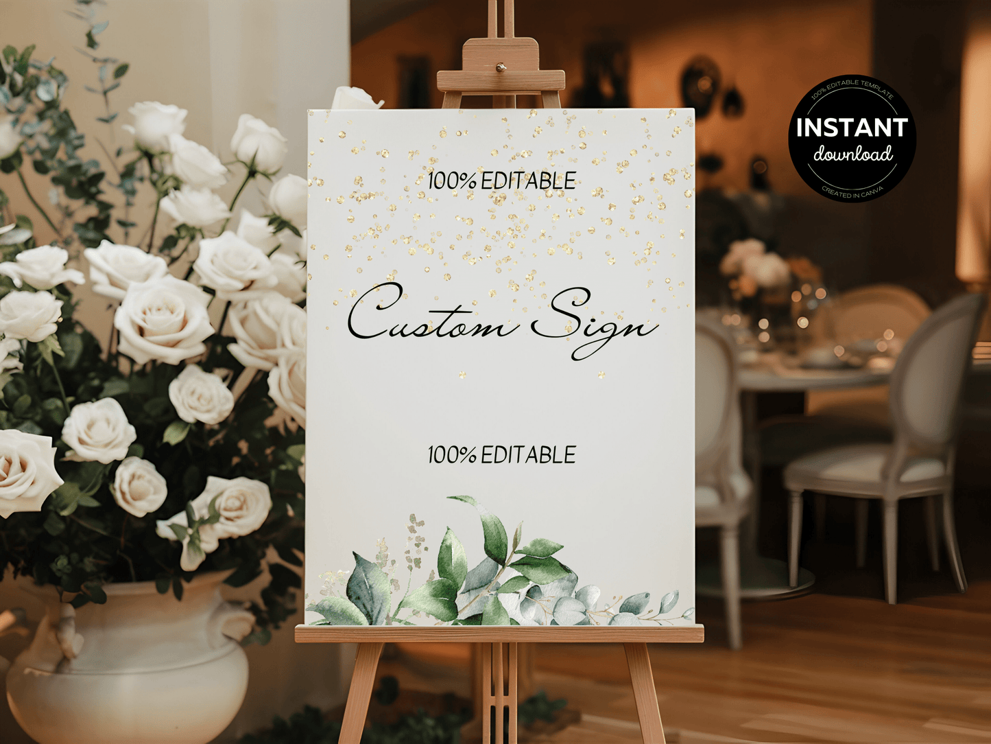 Eucalyptus & Gold Wedding Custom Sign Templates, Printable Templates