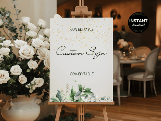 Eucalyptus & Gold Wedding Custom Sign Templates, Printable Templates