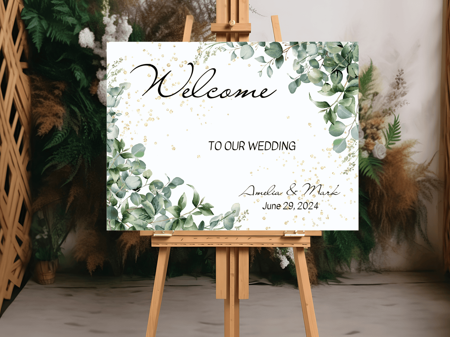 Eucalyptus & Gold Wedding Welcome Sign Templates, Printable Templates