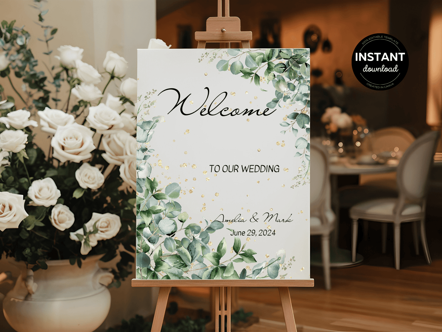 Eucalyptus & Gold Wedding Welcome Sign Templates, Printable Templates