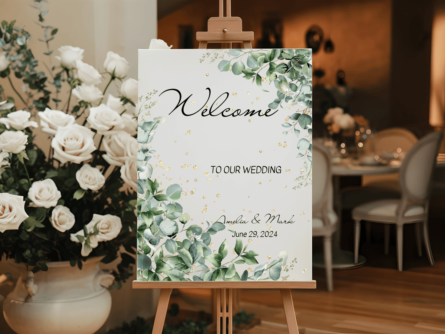 Eucalyptus & Gold 7Pc Wedding Reception Bundle with Seating Chart Card, Printable Templates