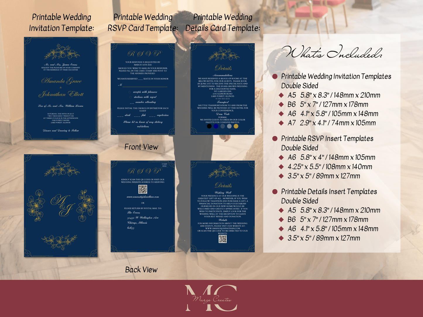 Elegant Blue and Gold Wedding Invitation & Insert Cards Template Bundle, Printable Templates