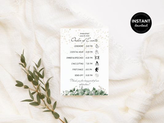 Eucalyptus & Gold Wedding Order of Event Templates, Printable Templates