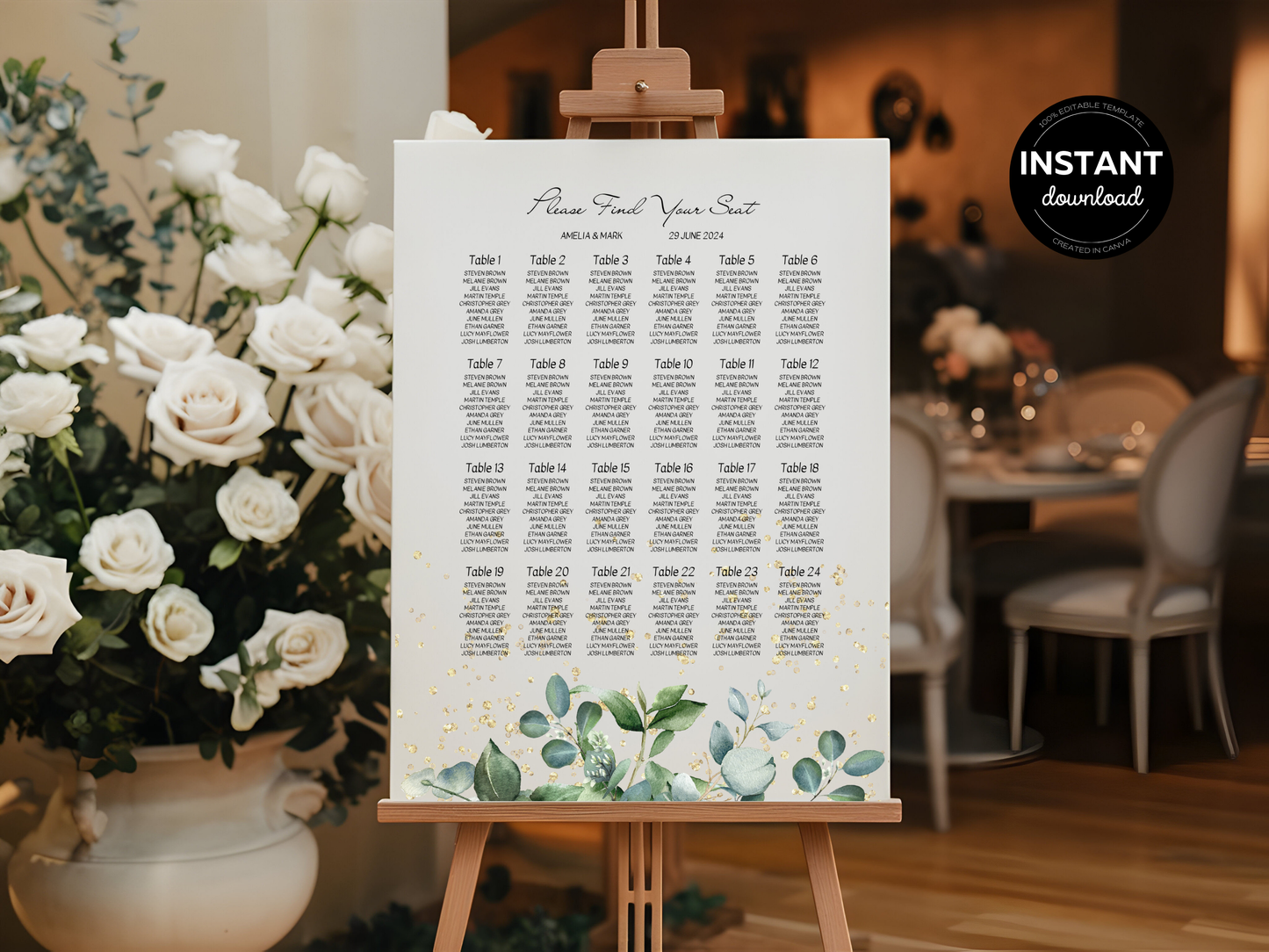 Eucalyptus & Gold Wedding Seating Chart Templates, Printable Templates