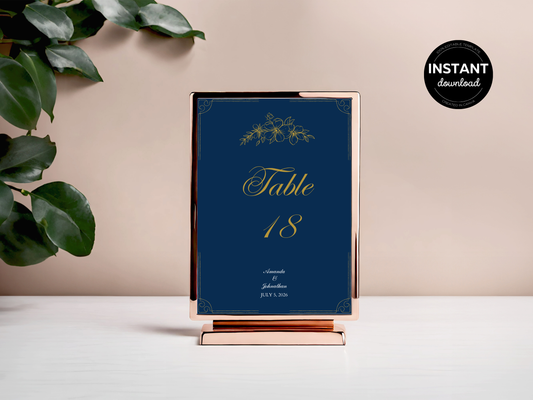 Elegant Blue and Gold Wedding Table Number Template, Printable Templates