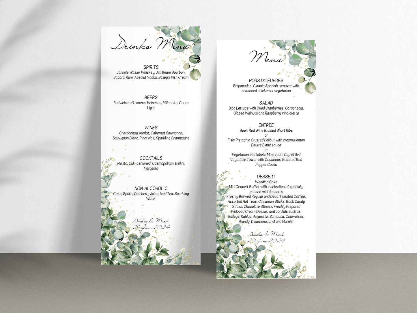 Eucalyptus & Gold Wedding Menu & Drinks Menu Templates, Printable Templates