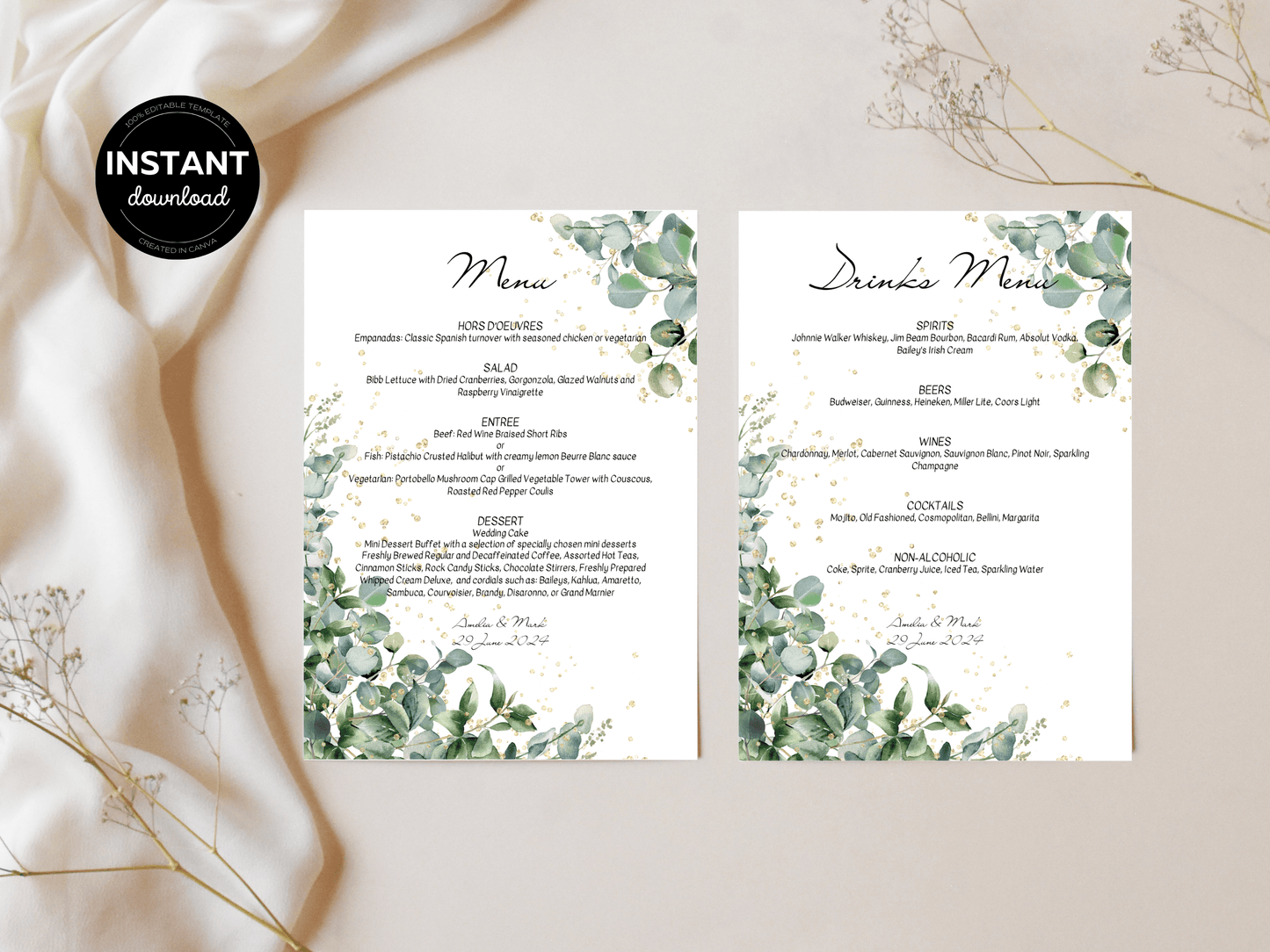 Eucalyptus & Gold 7Pc Wedding Reception Bundle with Alphabetical Seating Chart, Printable Templates