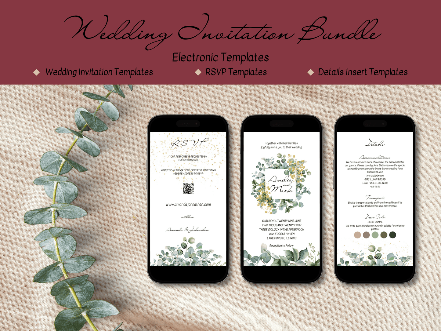 Eucalyptus & Gold Wedding Evite & Insert Cards Template Bundle, Digital Templates