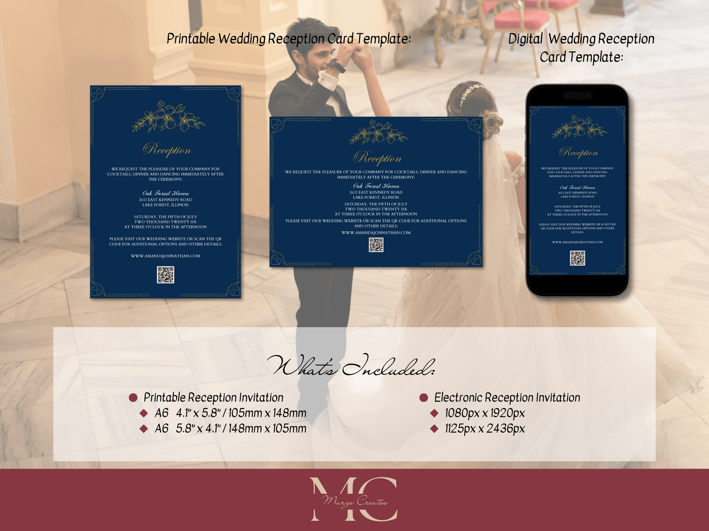 Elegant Blue and Gold Wedding Reception Invitation Template, Printable & Digital Templates