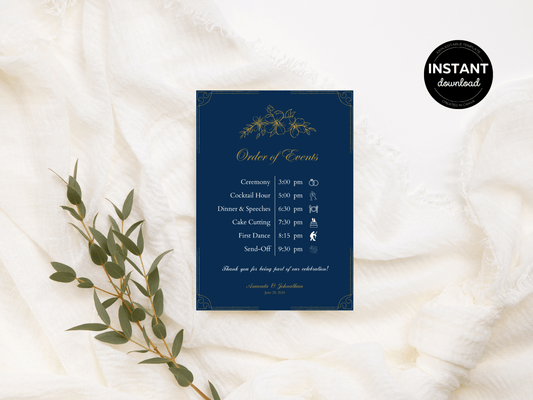 Elegant Blue & Gold Wedding Order of Event Template, Design 1, Printable Template