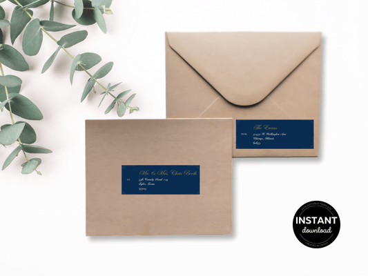 Elegant Blue & Gold Wedding Envelope Address Label Template, Printable Templates