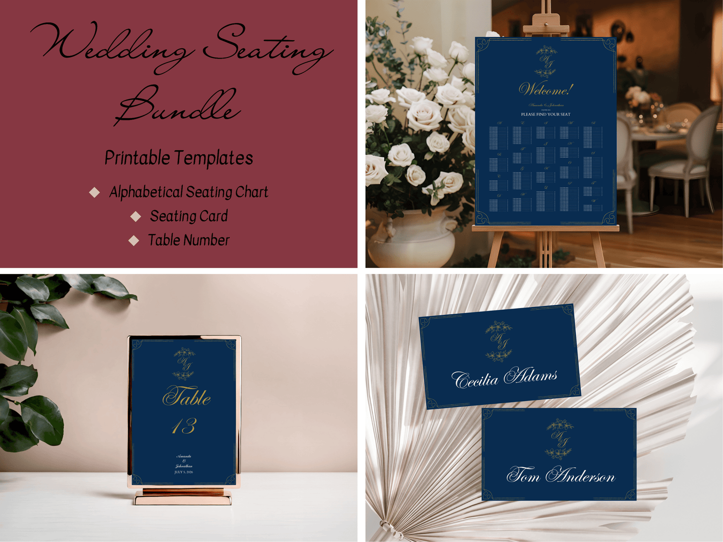 Elegant Blue & Gold Wedding Seating Template Bundle with Alphabetical Seating Chart, Design 2, Printable Templates