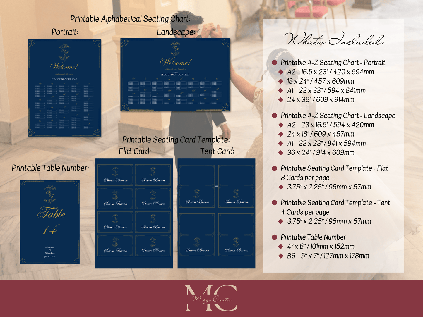 Elegant Blue & Gold 7Pc Wedding Reception Bundle with Alphabetical Seating Chart, Design 2, Printable Templates