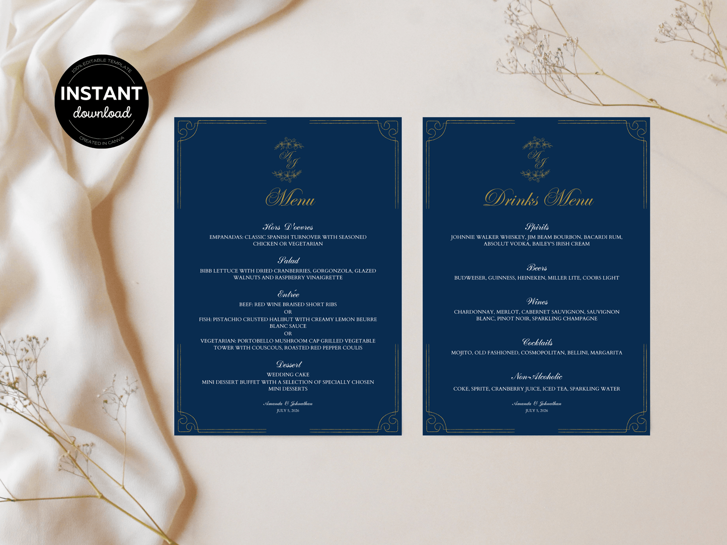 Elegant Blue & Gold Wedding Menu & Drinks Menu Template, Design 2, Printable Template