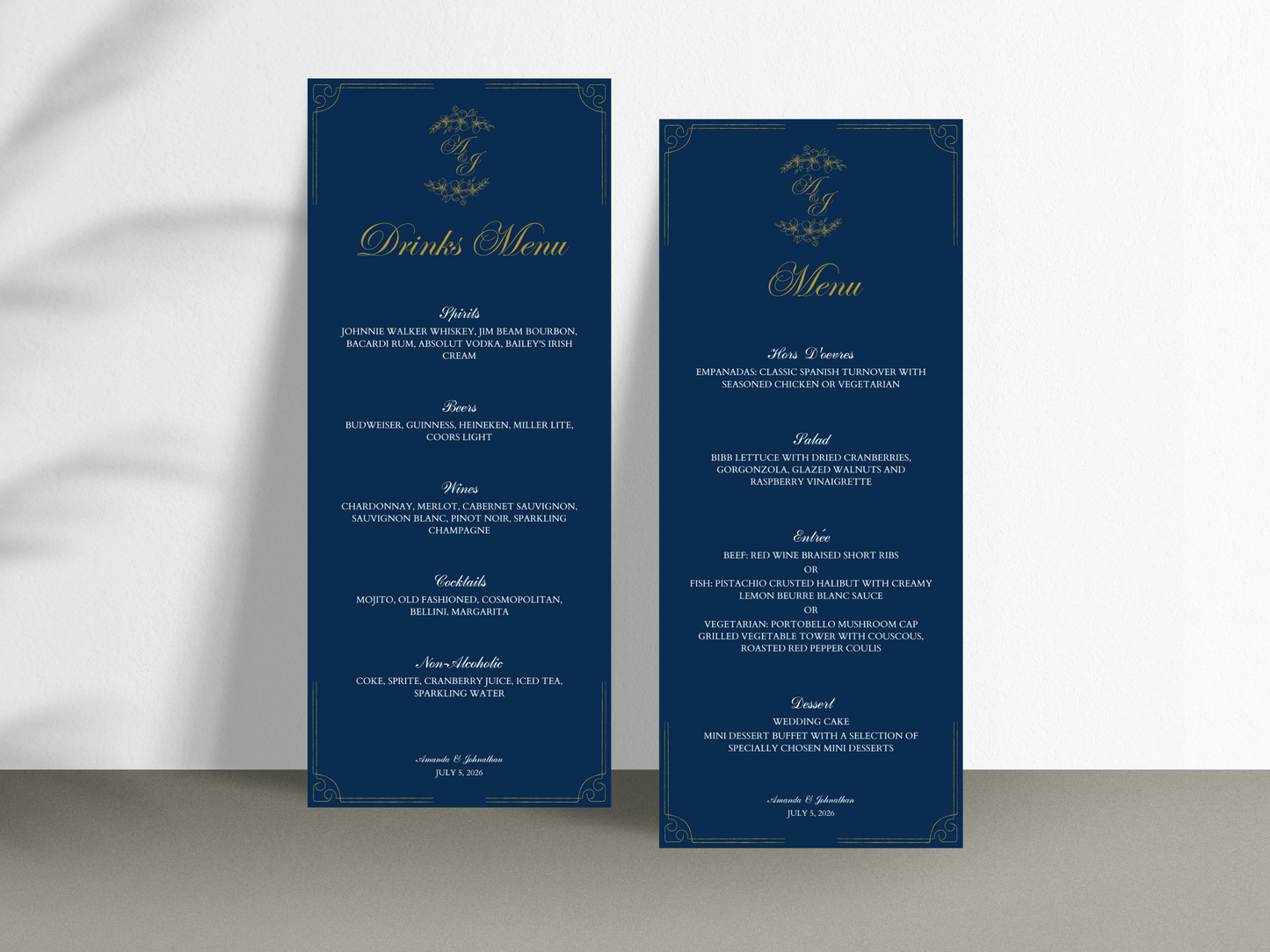 Elegant Blue & Gold Wedding Menu & Drinks Menu Template, Design 2, Printable Template