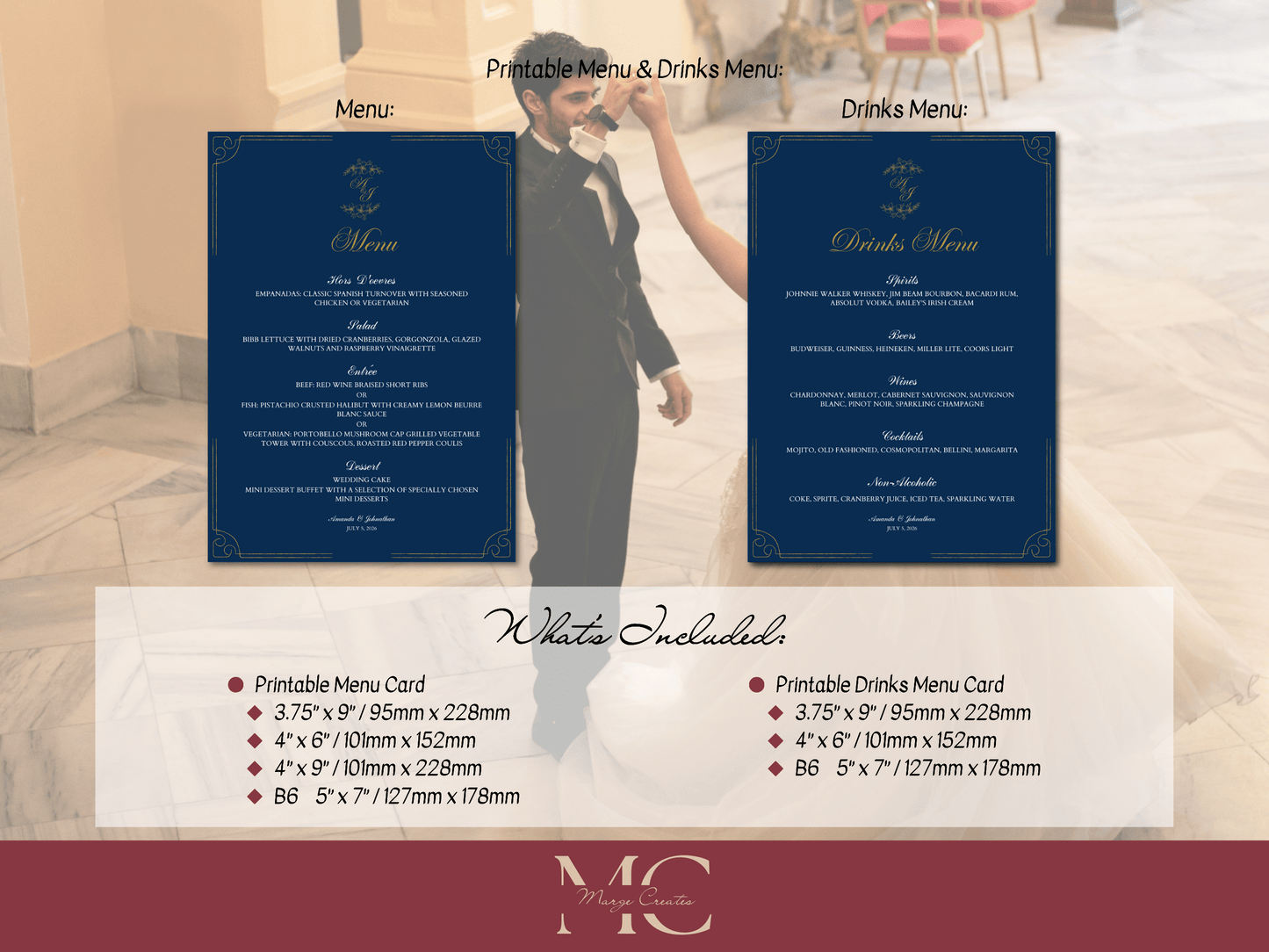 Elegant Blue & Gold Wedding Menu & Drinks Menu Template, Design 2, Printable Template