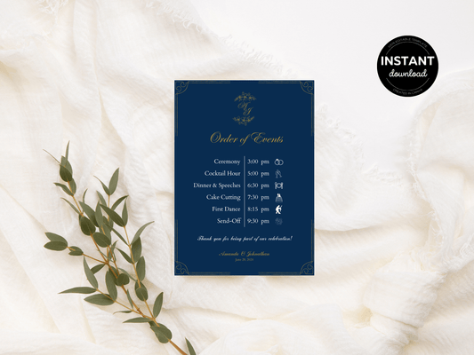 Elegant Blue & Gold Wedding Order of Event Template, Design 2, Printable Template