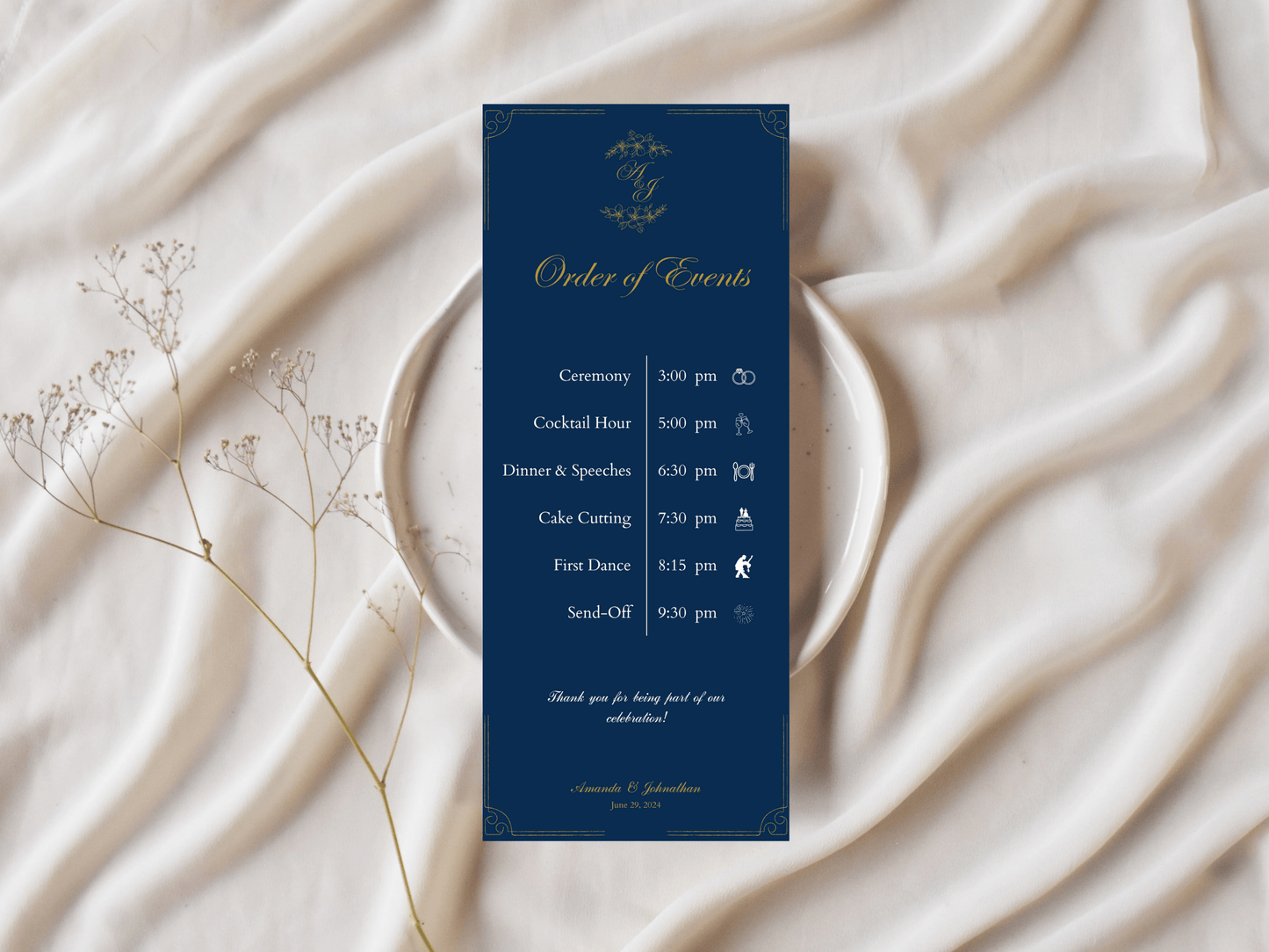 Elegant Blue & Gold Wedding Order of Event Template, Design 2, Printable Template