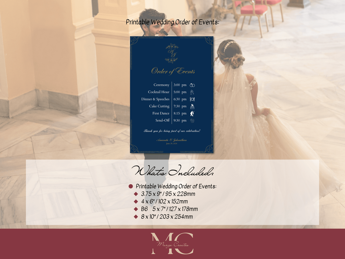 Elegant Blue & Gold Wedding Order of Event Template, Design 2, Printable Template