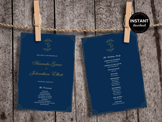 Elegant Blue & Gold Wedding Program Template, Design 2, Printable Templates