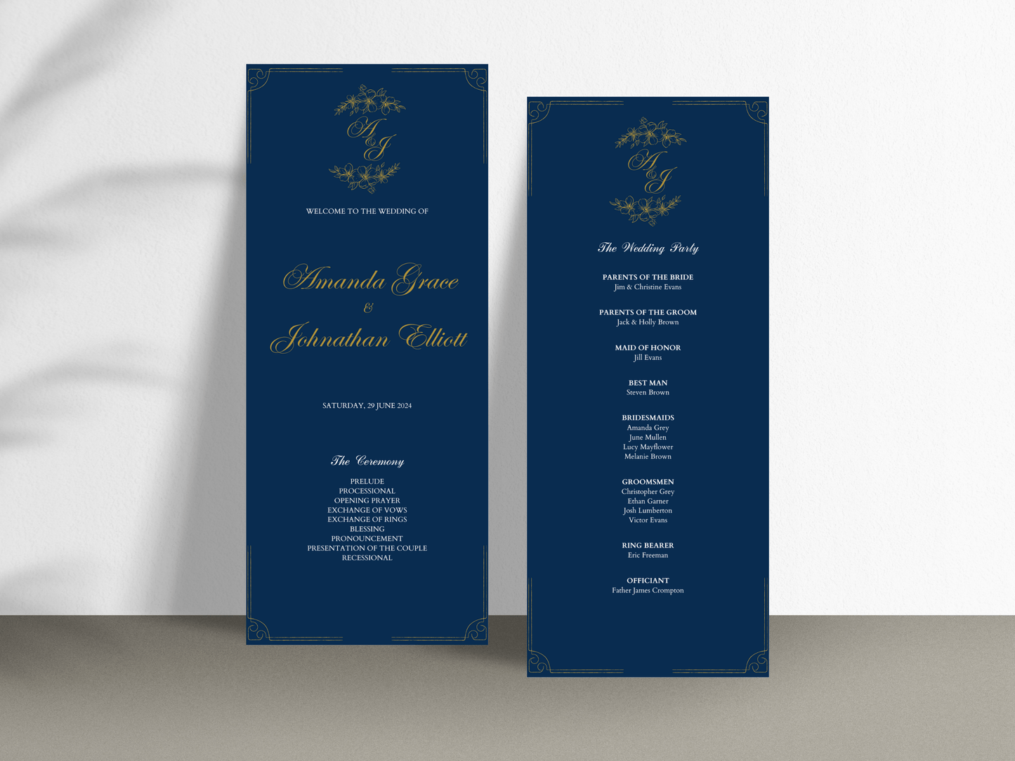 Elegant Blue & Gold Wedding Program Template, Design 2, Printable Templates