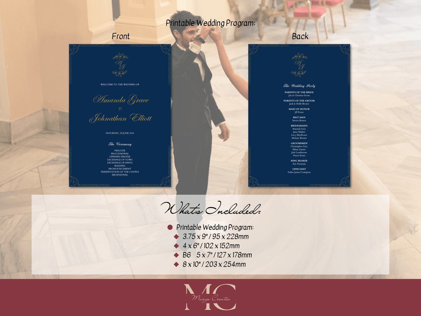 Elegant Blue & Gold Wedding Program Template, Design 2, Printable Templates