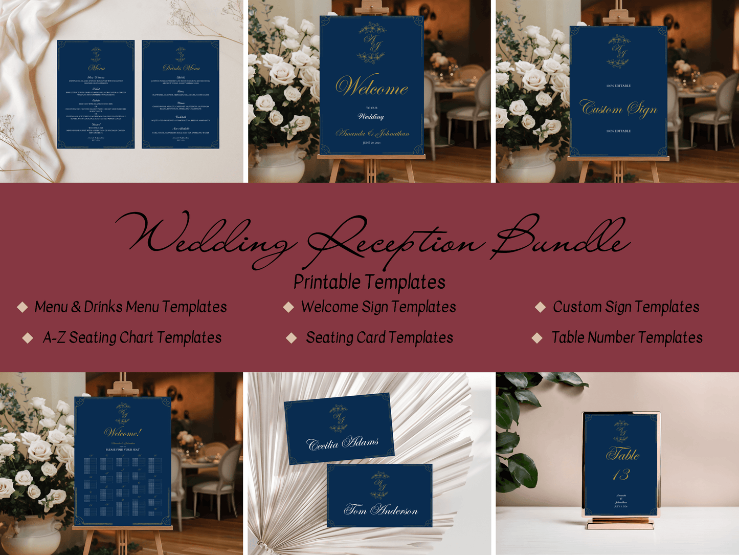 Elegant Blue & Gold 7Pc Wedding Reception Bundle with Alphabetical Seating Chart, Design 2, Printable Templates