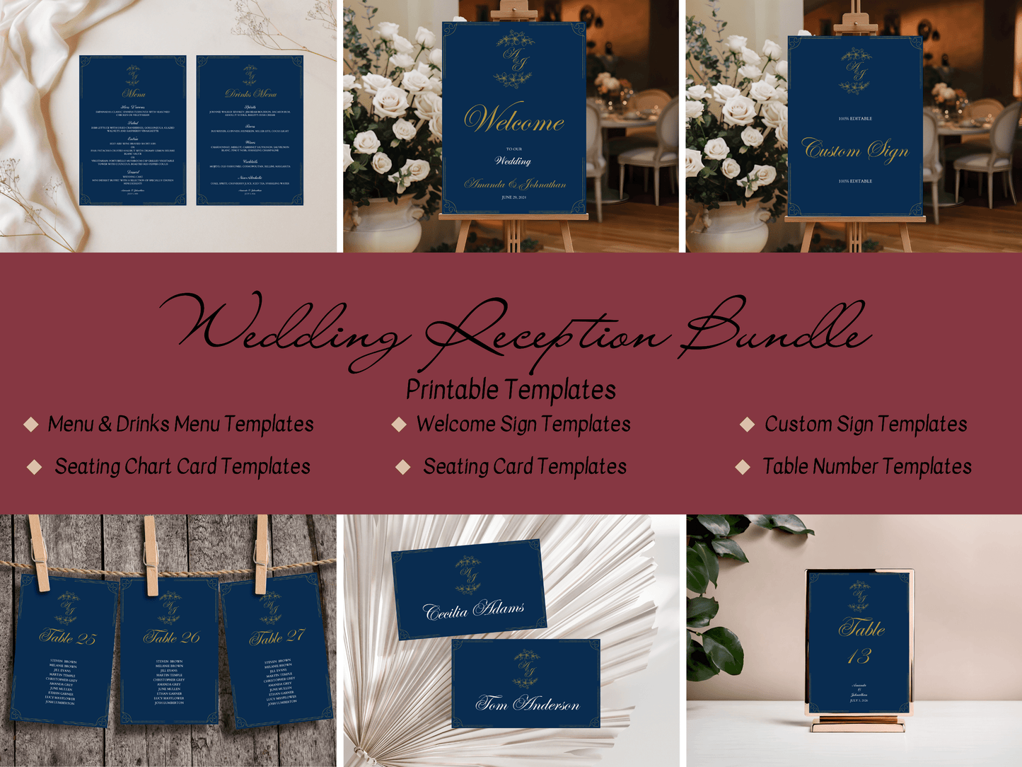 Elegant Blue & Gold 7Pc Wedding Reception Bundle with Seating Chart Card, Design 2, Printable Templates