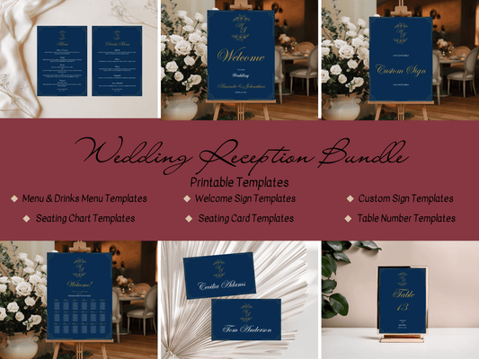 Elegant Blue & Gold 7Pc Wedding Reception Bundle with Seating Chart, Design 2, Printable Templates