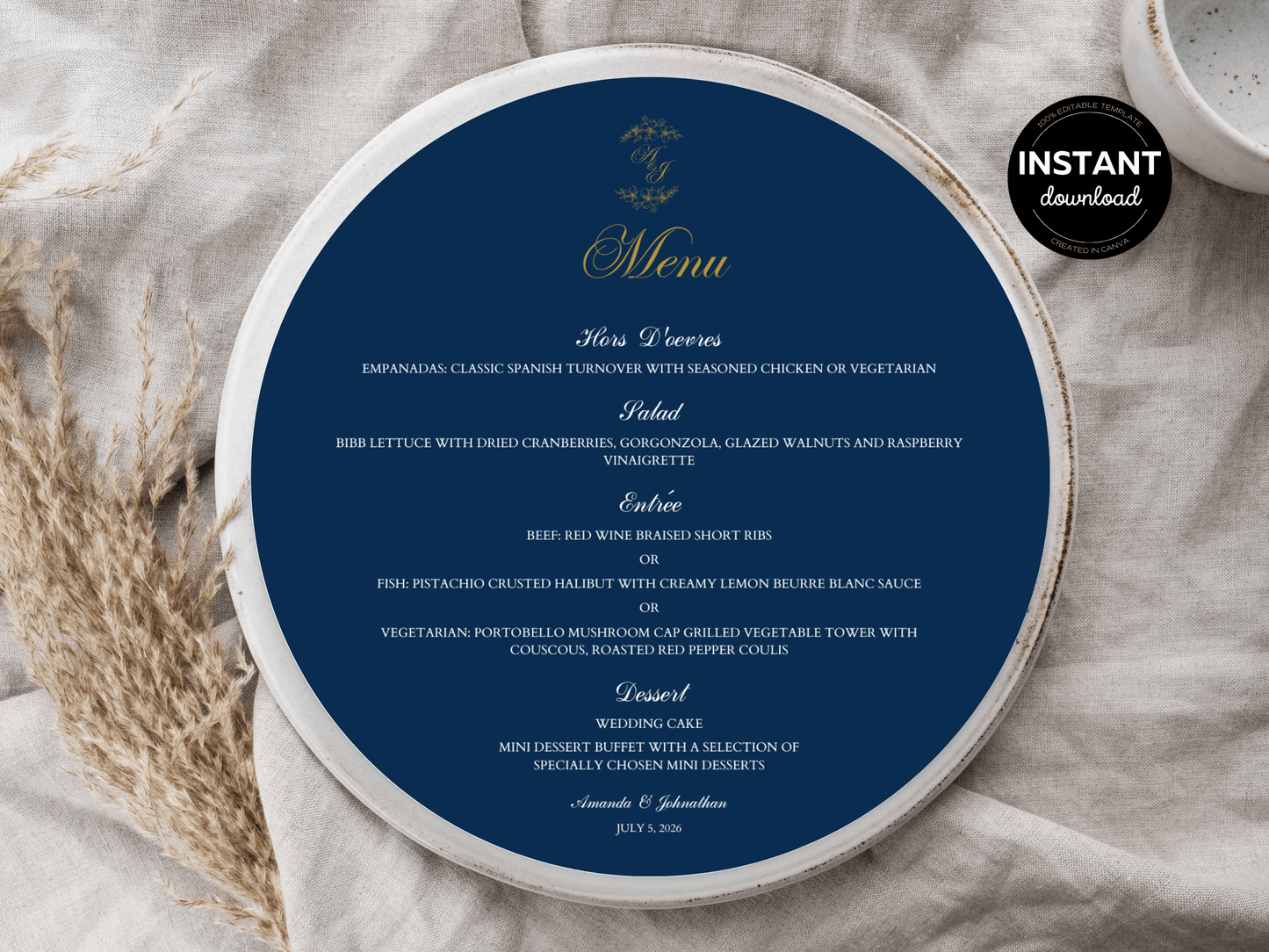 Elegant Blue & Gold Round Wedding Menu Template, Design 2, Printable Templates