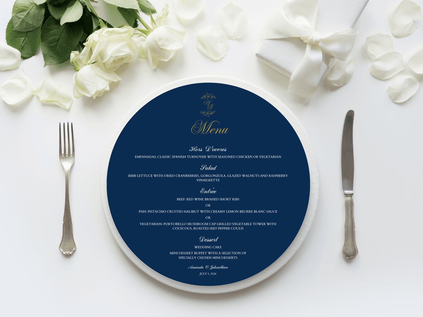 Elegant Blue & Gold Round Wedding Menu Template, Design 2, Printable Templates