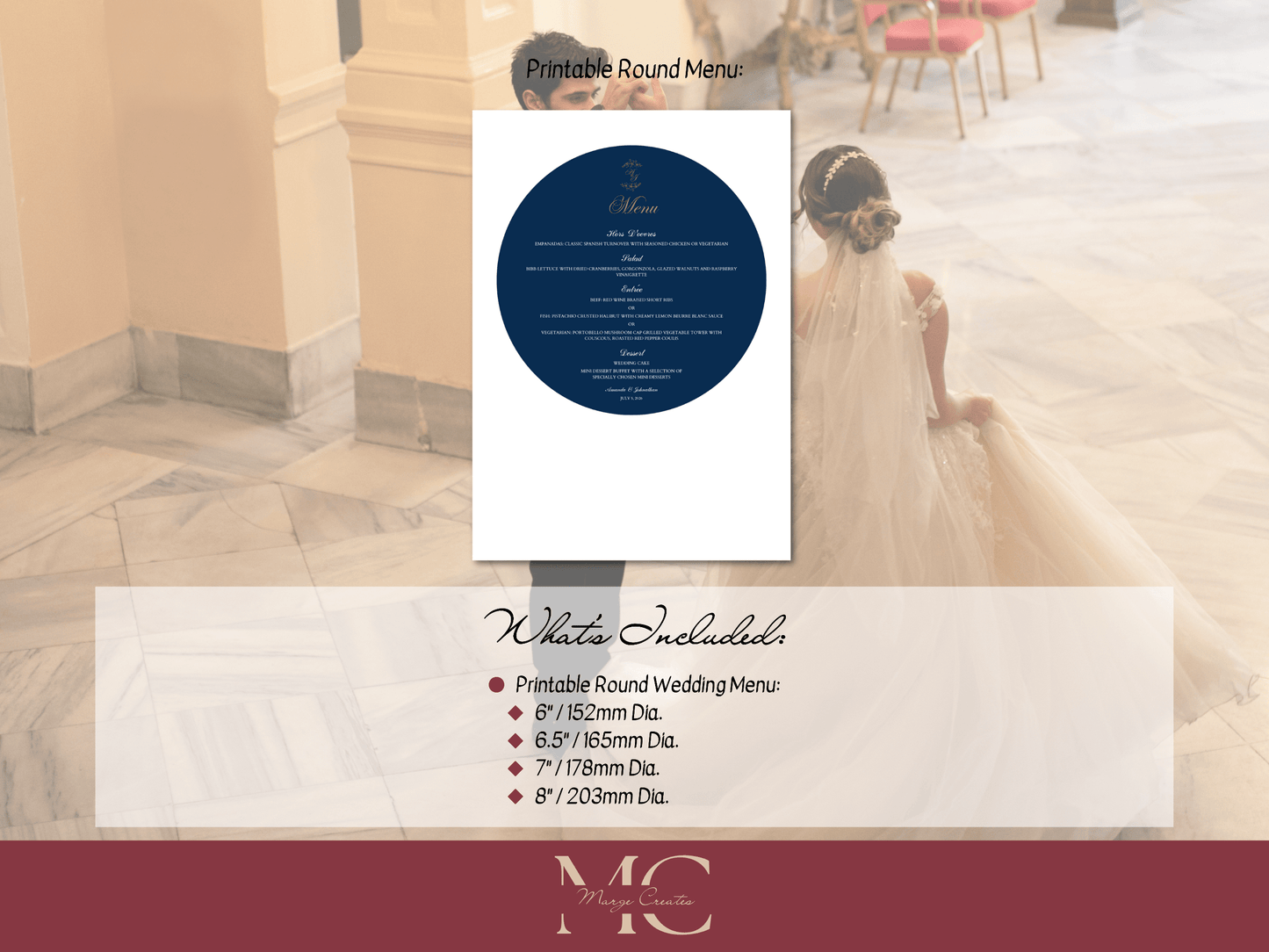 Elegant Blue & Gold Round Wedding Menu Template, Design 2, Printable Templates