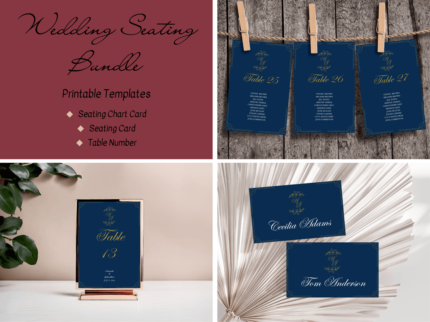 Elegant Blue & Gold Wedding Seating Template Bundle with Seating Chart Card, Design 2, Printable Templates