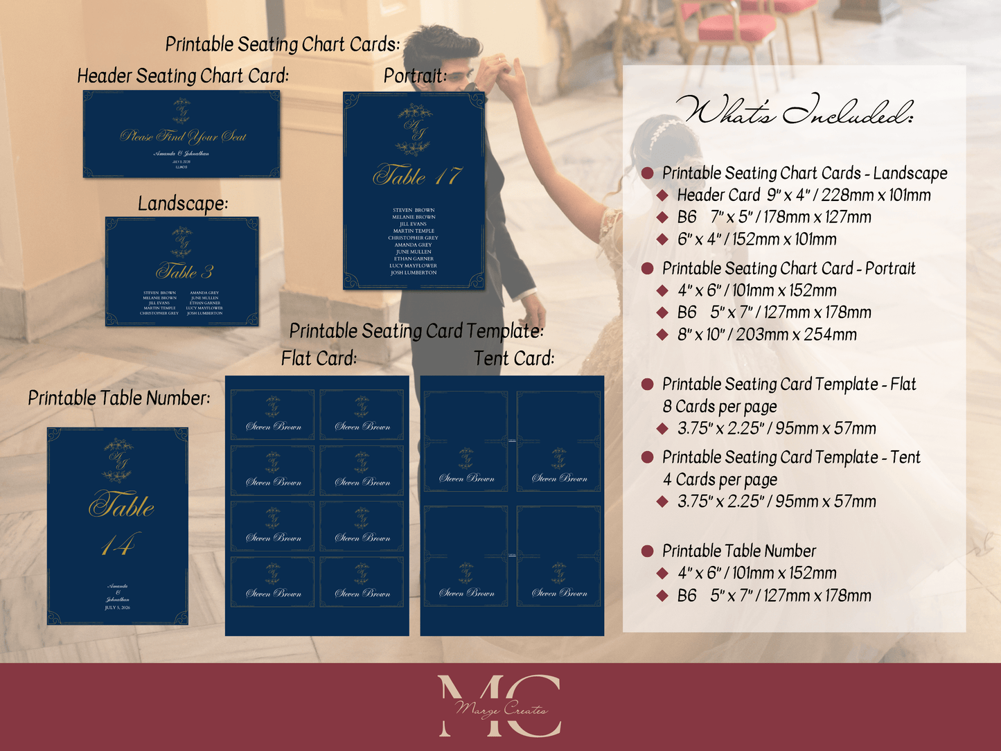 Elegant Blue & Gold 7Pc Wedding Reception Bundle with Seating Chart Card, Design 2, Printable Templates