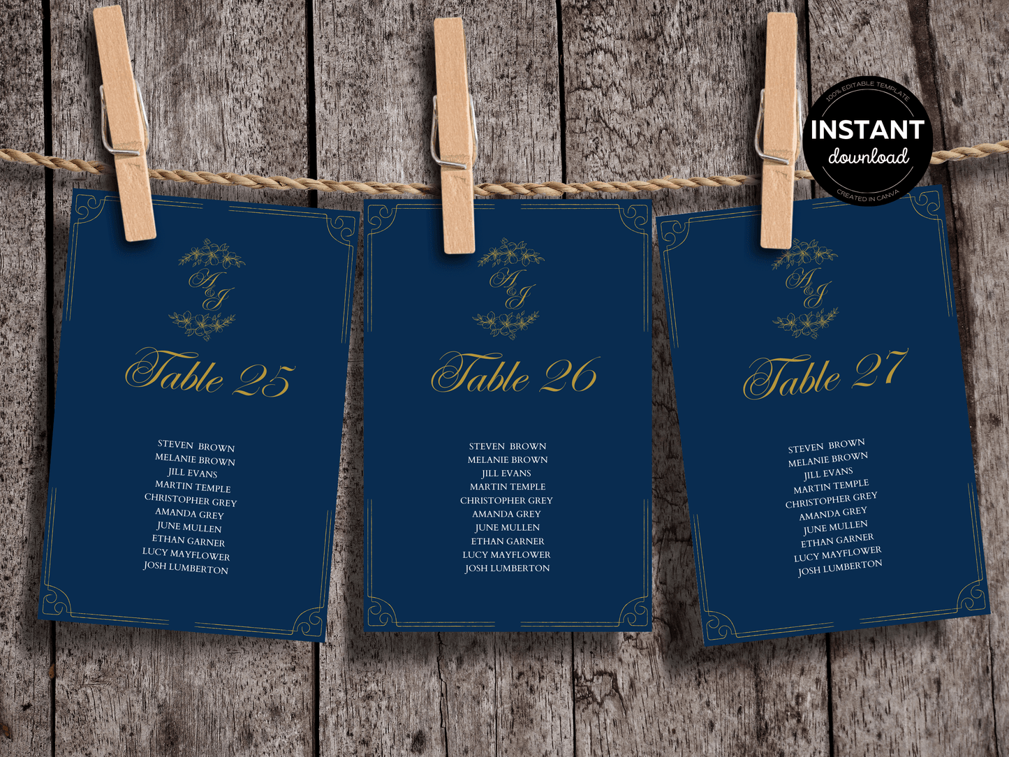 Elegant Blue & Gold Wedding Seating Chart Card Template, Design 2, Printable Templates