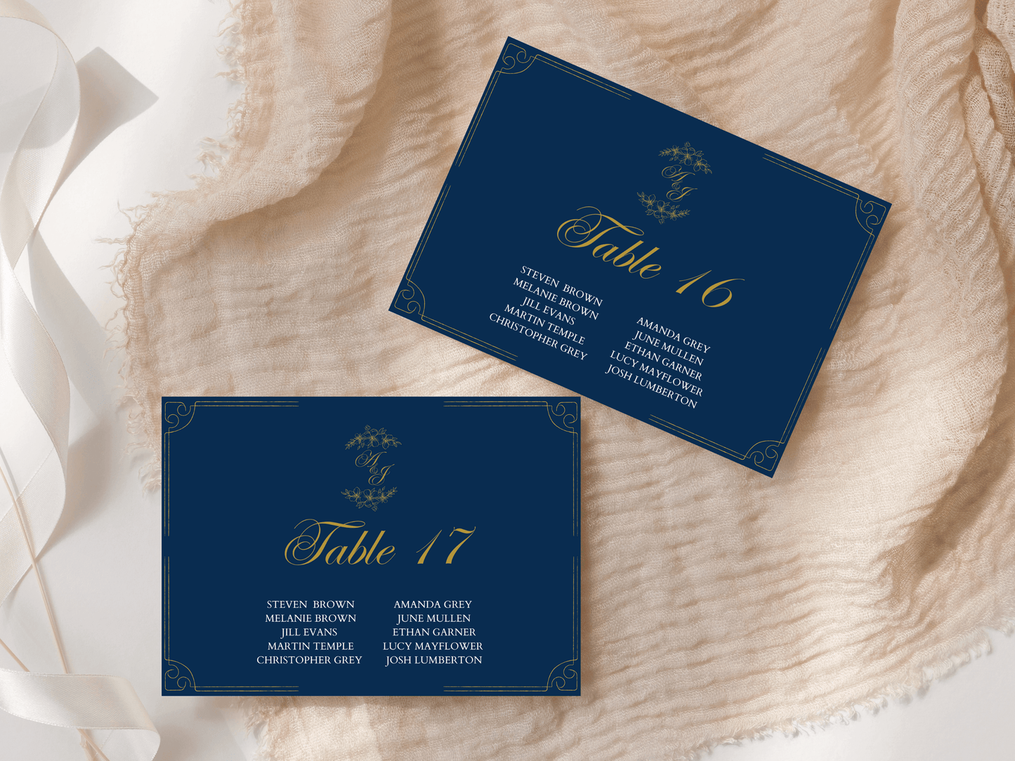 Elegant Blue & Gold Wedding Seating Chart Card Template, Design 2, Printable Templates