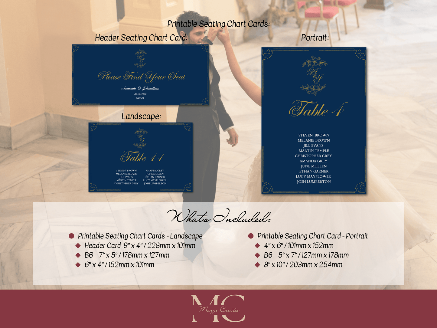 Elegant Blue & Gold Wedding Seating Chart Card Template, Design 2, Printable Templates