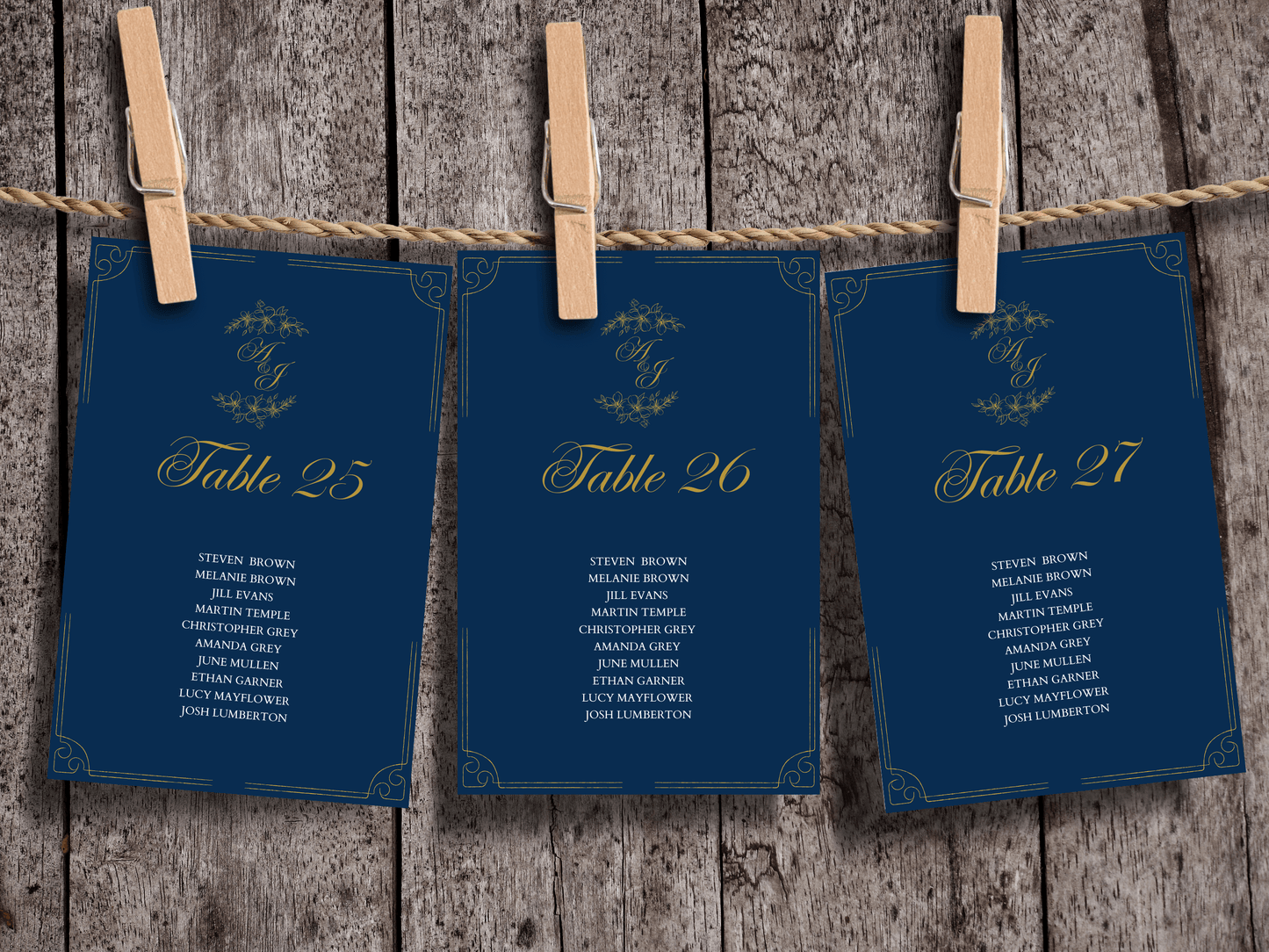 Elegant Blue & Gold 7Pc Wedding Reception Bundle with Seating Chart Card, Design 2, Printable Templates