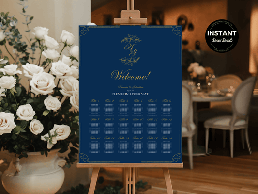 Elegant Blue & Gold Wedding Seating Chart Templates, Design 2, Printable Templates