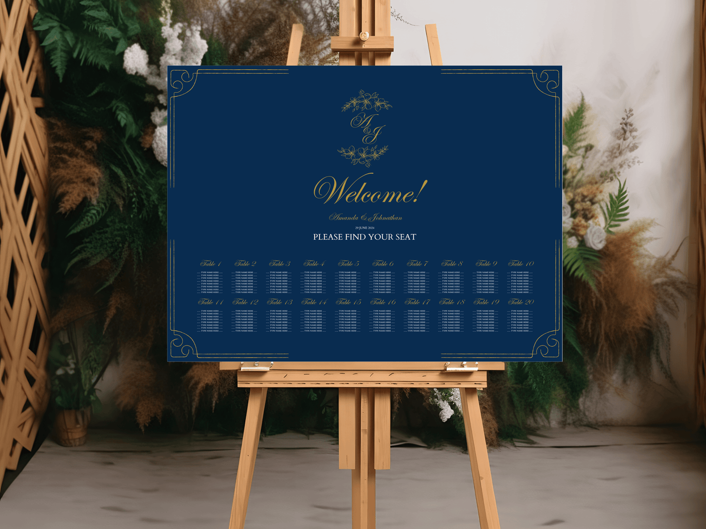 Elegant Blue & Gold Wedding Seating Chart Templates, Design 2, Printable Templates