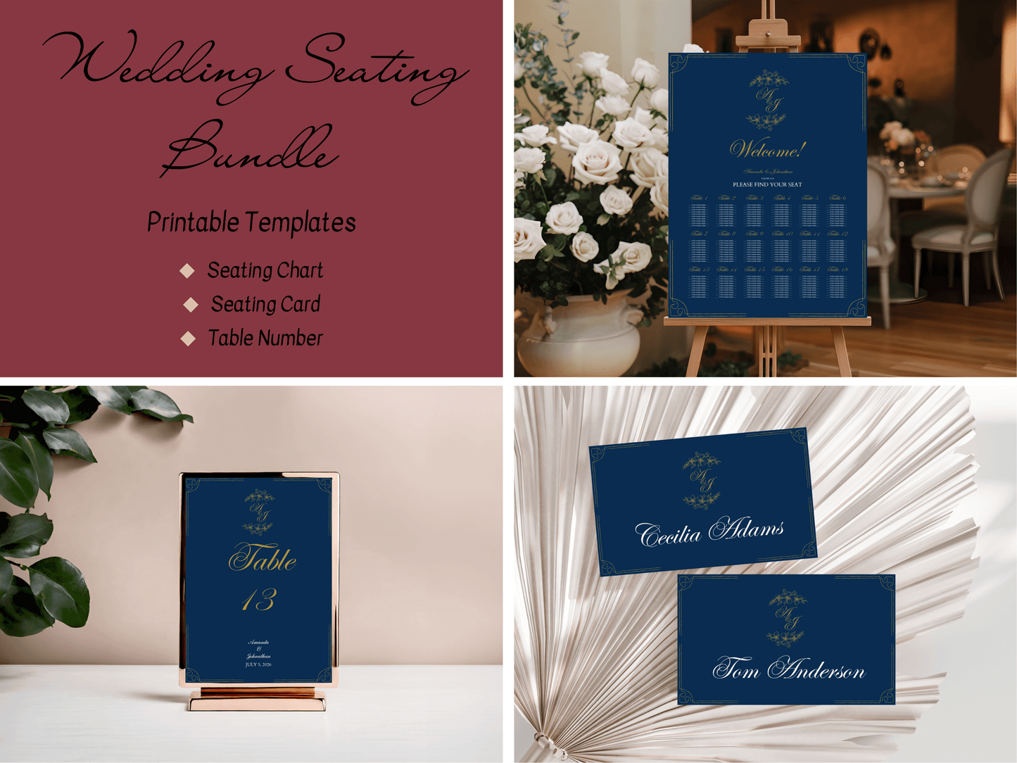 Elegant Blue & Gold Wedding Seating Template Bundle with Seating Chart, Design 2, Printable Templates