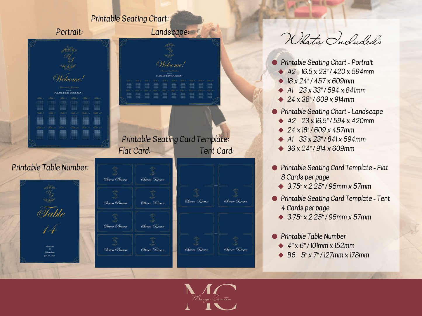 Elegant Blue & Gold Wedding Seating Template Bundle with Seating Chart, Design 2, Printable Templates