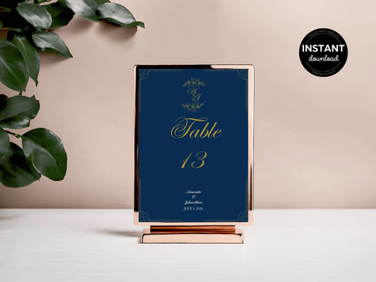 Elegant Blue & Gold Wedding Table Number Template, Design 2, Printable Templates