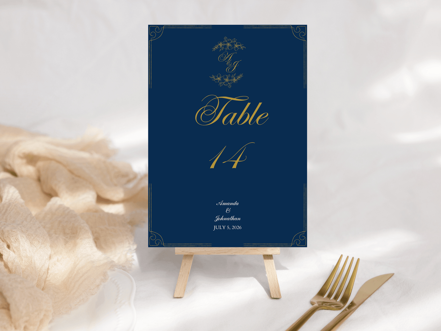 Elegant Blue & Gold Wedding Table Number Template, Design 2, Printable Templates