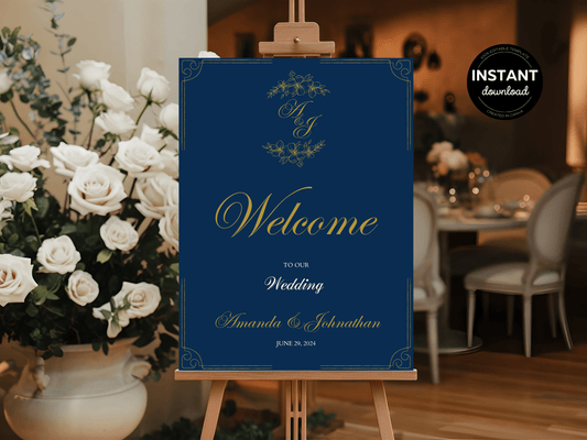 Elegant Blue & Gold Wedding Welcome Sign Template, Design 2, Printable Templates